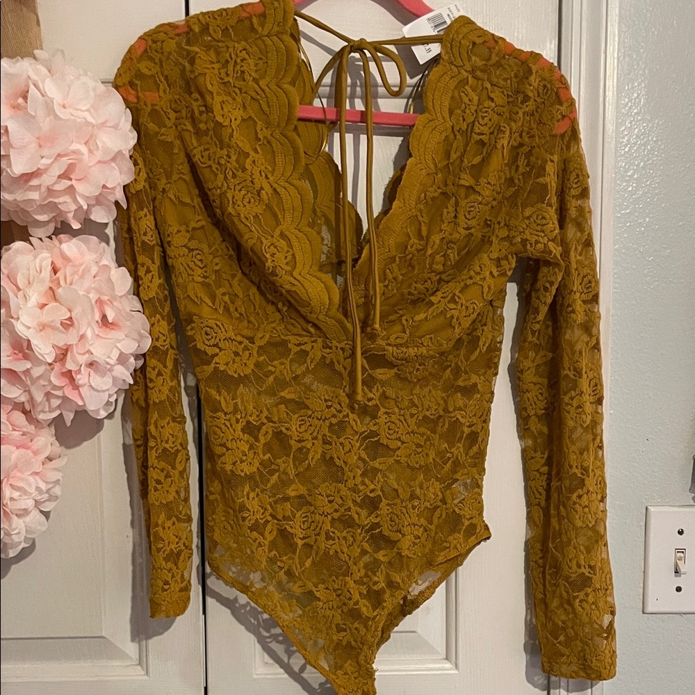 Lace Long Sleeve Bodysuit in Mustard